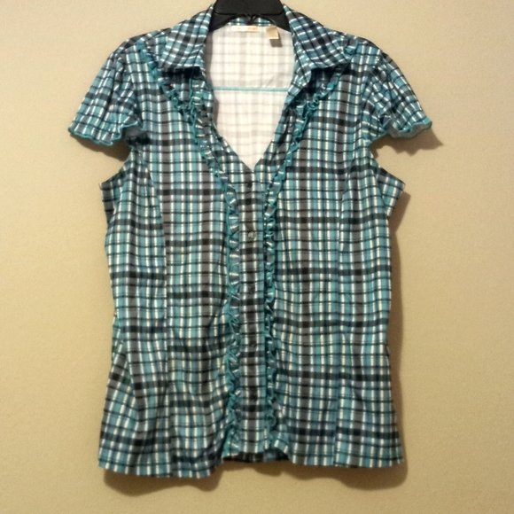 Caren Sport 2X Capped Sleeve Button Front Ruffle Stretch Plaid Top - Picture 1 of 10